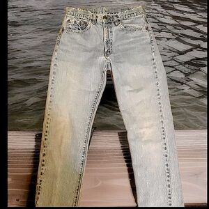 👖LEVI’S👖VTG 505 RED TAG EMBROIDERED BUM FLOWER FRAYED WAIST JEANS EUC🌼